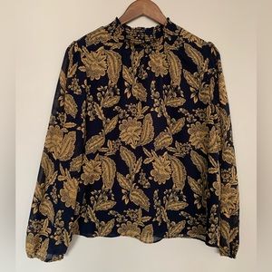 J. Crew Navy Floral Smocked Neck Blouse